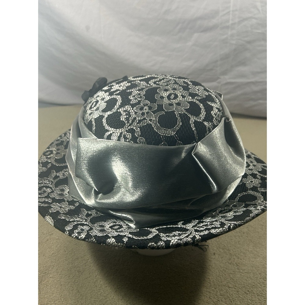 Whittall & Shon Black Silver Lace Church Derby Hat Wide Brim Floral Bow - Picture 3 of 9